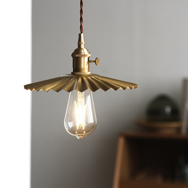 Traditional Vintage Brass Pleated Round 1-Light Pendant Light For Bedroom &amp; Living Room