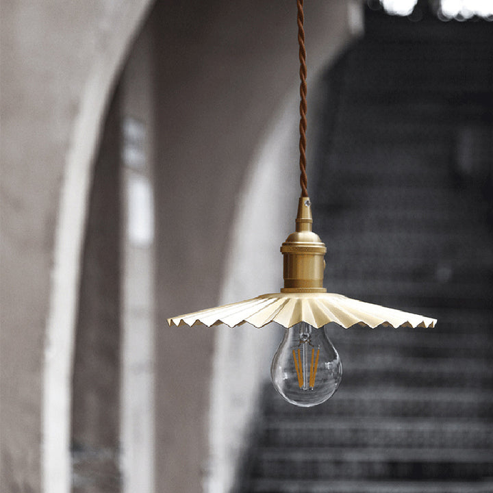 Traditional Vintage Brass Pleated Round 1-Light Pendant Light For Bedroom &amp; Living Room