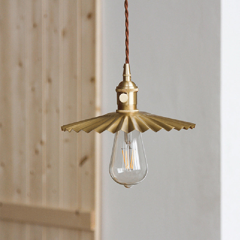 Traditional Vintage Brass Pleated Round 1-Light Pendant Light For Bedroom &amp; Living Room