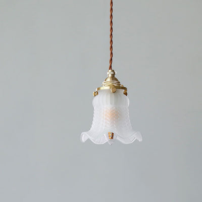 Modern Minimalist Brass & Glass Flower 1-Light Pendant Light For Bedroom & Living Room