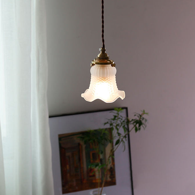 Modern Minimalist Brass & Glass Flower 1-Light Pendant Light For Bedroom & Living Room