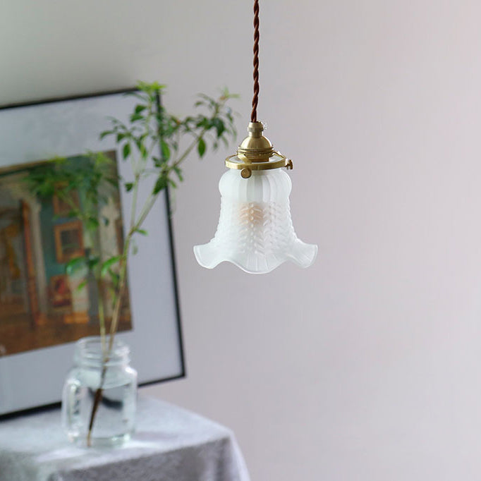 Modern Minimalist Brass & Glass Flower 1-Light Pendant Light For Bedroom & Living Room