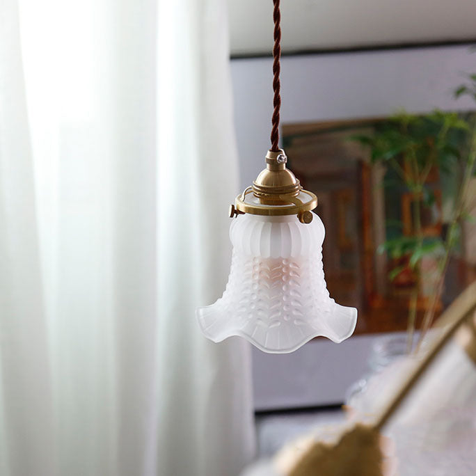 Modern Minimalist Brass & Glass Flower 1-Light Pendant Light For Bedroom & Living Room