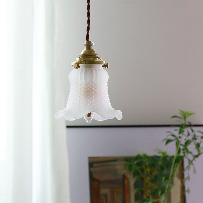 Modern Minimalist Brass & Glass Flower 1-Light Pendant Light For Bedroom & Living Room