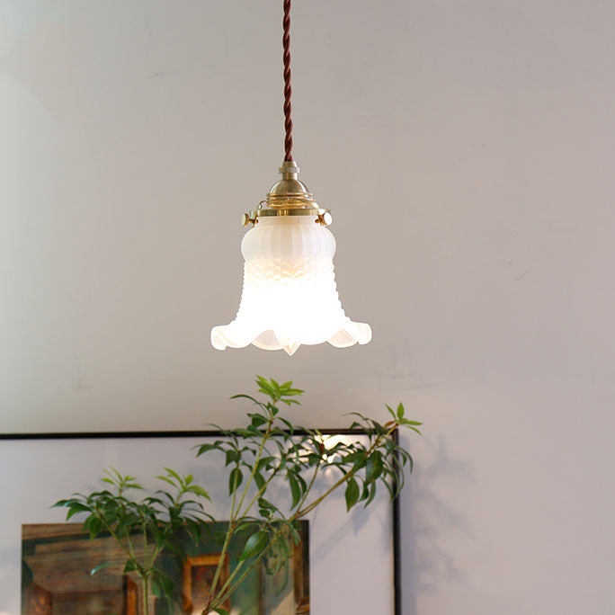 Modern Minimalist Brass & Glass Flower 1-Light Pendant Light For Bedroom & Living Room