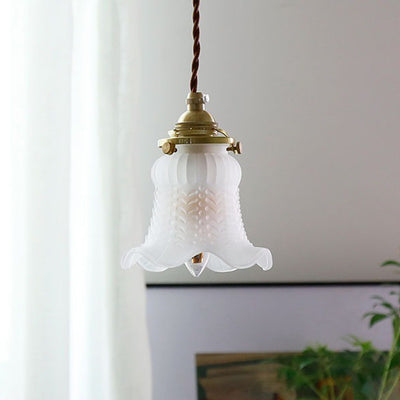 Modern Minimalist Brass & Glass Flower 1-Light Pendant Light For Bedroom & Living Room