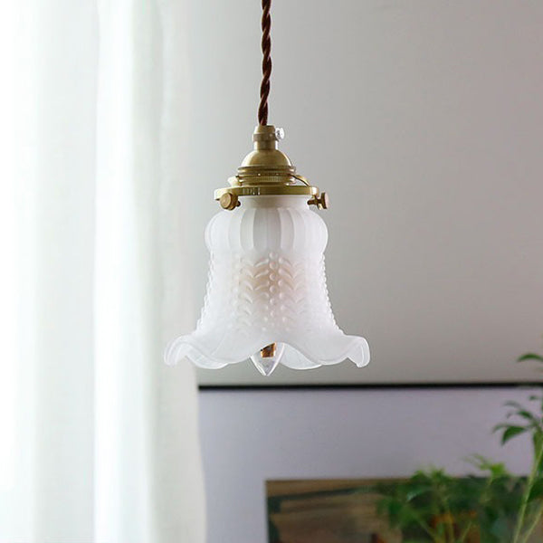 Modern Minimalist Brass & Glass Flower 1-Light Pendant Light For Bedroom & Living Room