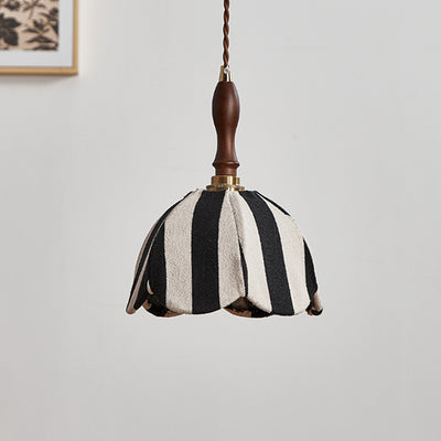 Modern Mid-Century Fabric & Wood Wavy Dome 1-Light Pendant Light For Bedroom & Living Room