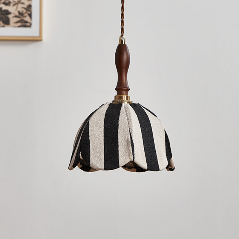 Modern Mid-Century Fabric & Wood Wavy Dome 1-Light Pendant Light For Bedroom & Living Room