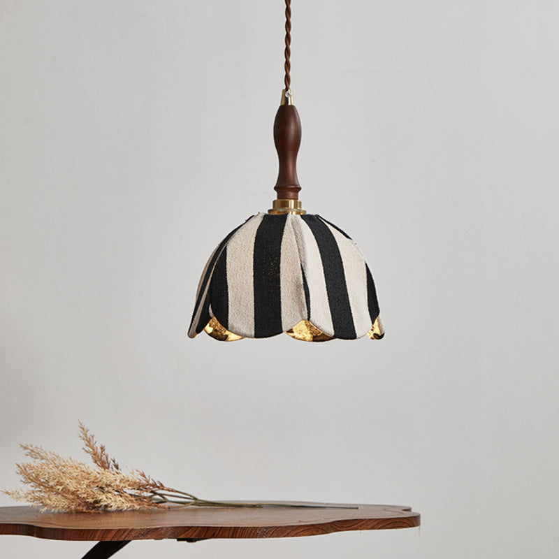 Modern Mid-Century Fabric & Wood Wavy Dome 1-Light Pendant Light For Bedroom & Living Room