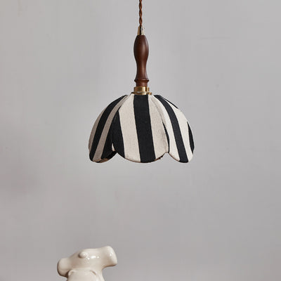 Modern Mid-Century Fabric & Wood Wavy Dome 1-Light Pendant Light For Bedroom & Living Room