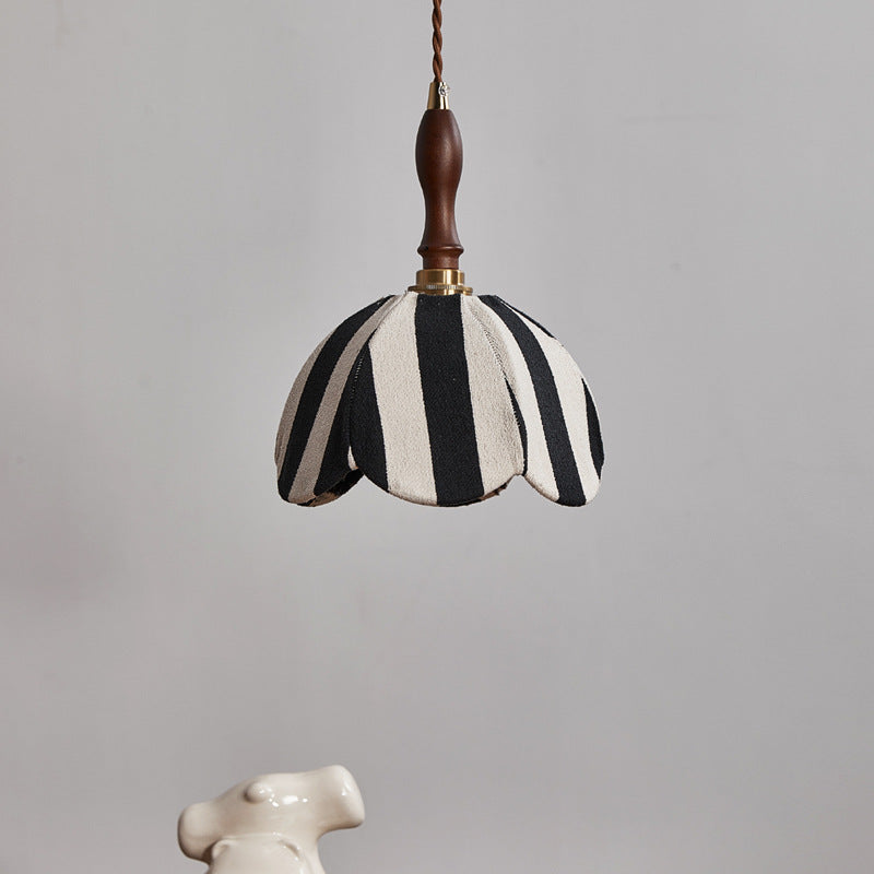 Modern Mid-Century Fabric & Wood Wavy Dome 1-Light Pendant Light For Bedroom & Living Room