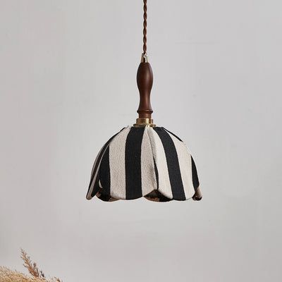 Modern Mid-Century Fabric & Wood Wavy Dome 1-Light Pendant Light For Bedroom & Living Room