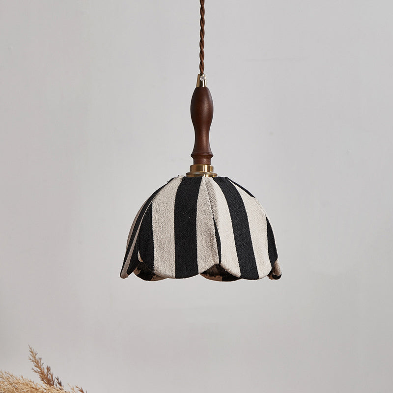 Modern Mid-Century Fabric & Wood Wavy Dome 1-Light Pendant Light For Bedroom & Living Room
