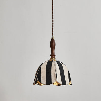 Modern Mid-Century Fabric & Wood Wavy Dome 1-Light Pendant Light For Bedroom & Living Room