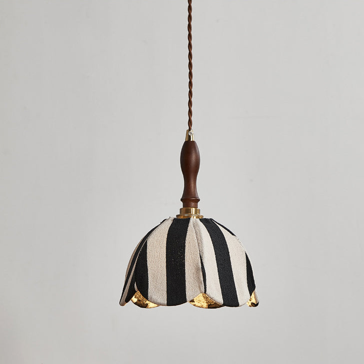 Modern Mid-Century Fabric & Wood Wavy Dome 1-Light Pendant Light For Bedroom & Living Room