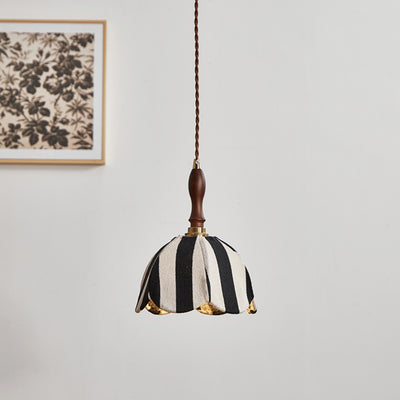 Modern Mid-Century Fabric & Wood Wavy Dome 1-Light Pendant Light For Bedroom & Living Room