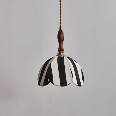 Modern Mid-Century Fabric & Wood Wavy Dome 1-Light Pendant Light For Bedroom & Living Room