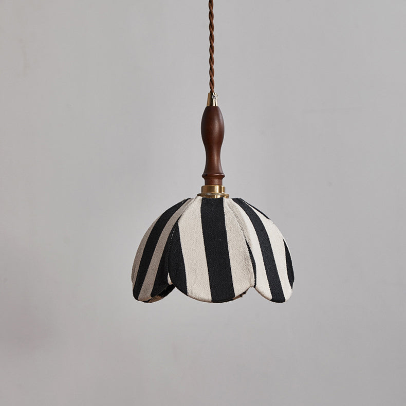 Modern Mid-Century Fabric & Wood Wavy Dome 1-Light Pendant Light For Bedroom & Living Room
