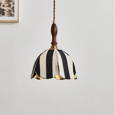 Modern Mid-Century Fabric & Wood Wavy Dome 1-Light Pendant Light For Bedroom & Living Room