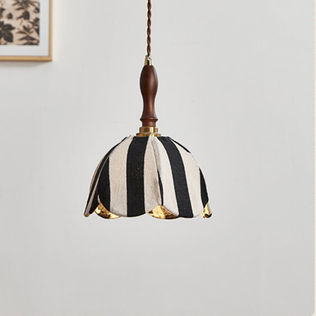 Modern Mid-Century Fabric & Wood Wavy Dome 1-Light Pendant Light For Bedroom & Living Room