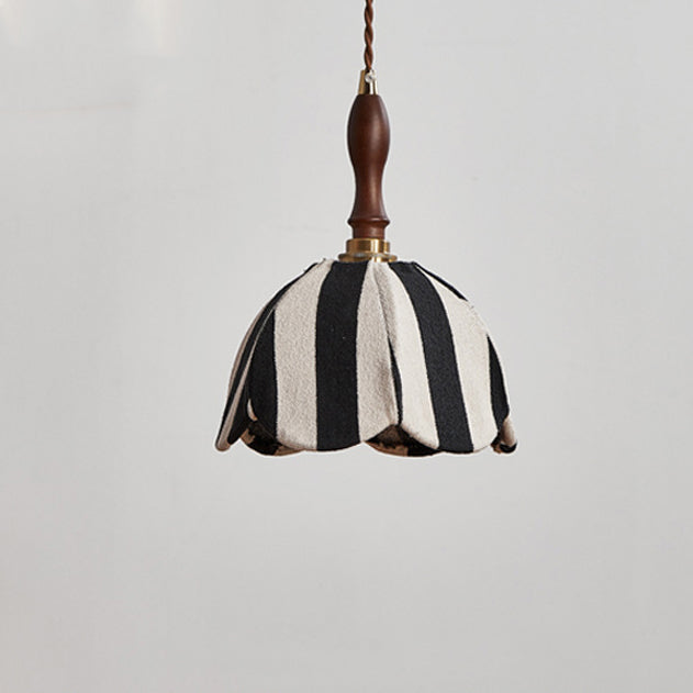 Modern Mid-Century Fabric & Wood Wavy Dome 1-Light Pendant Light For Bedroom & Living Room