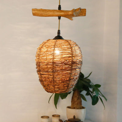 Traditional Rustic Rattan & Wood Cylindrical 1-Light Pendant Light For Bedroom And Living Room