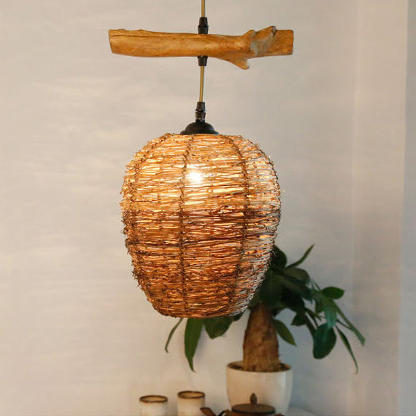 Traditional Rustic Rattan & Wood Cylindrical 1-Light Pendant Light For Bedroom And Living Room
