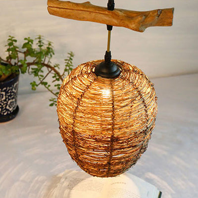 Traditional Rustic Rattan & Wood Cylindrical 1-Light Pendant Light For Bedroom And Living Room