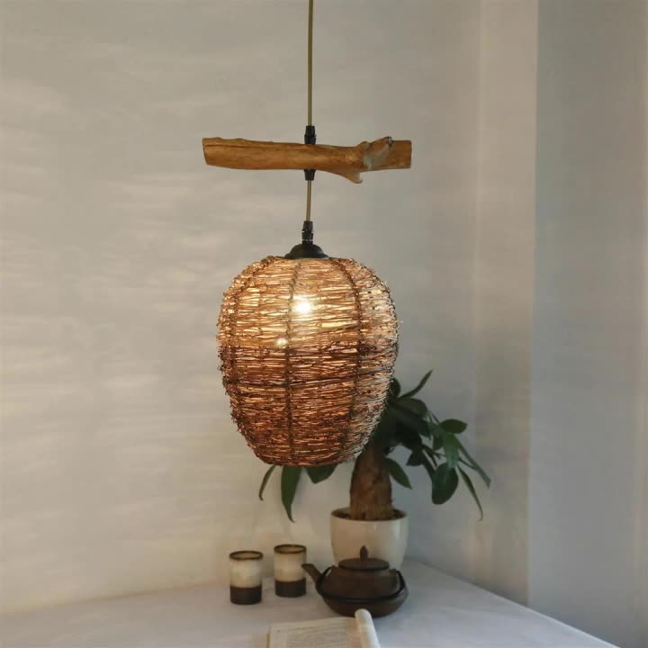 Traditional Rustic Rattan &amp; Wood Cylindrical 1-Light Pendant Light For Bedroom And Living Room