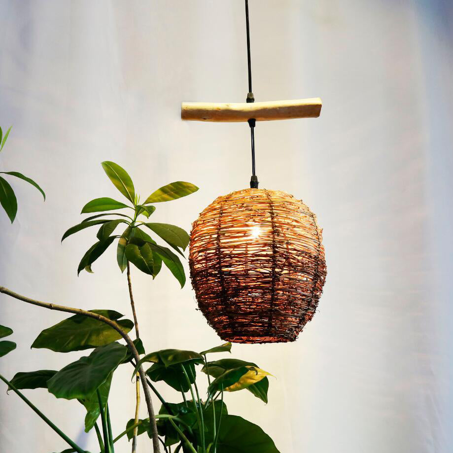Traditional Rustic Rattan &amp; Wood Cylindrical 1-Light Pendant Light For Bedroom And Living Room