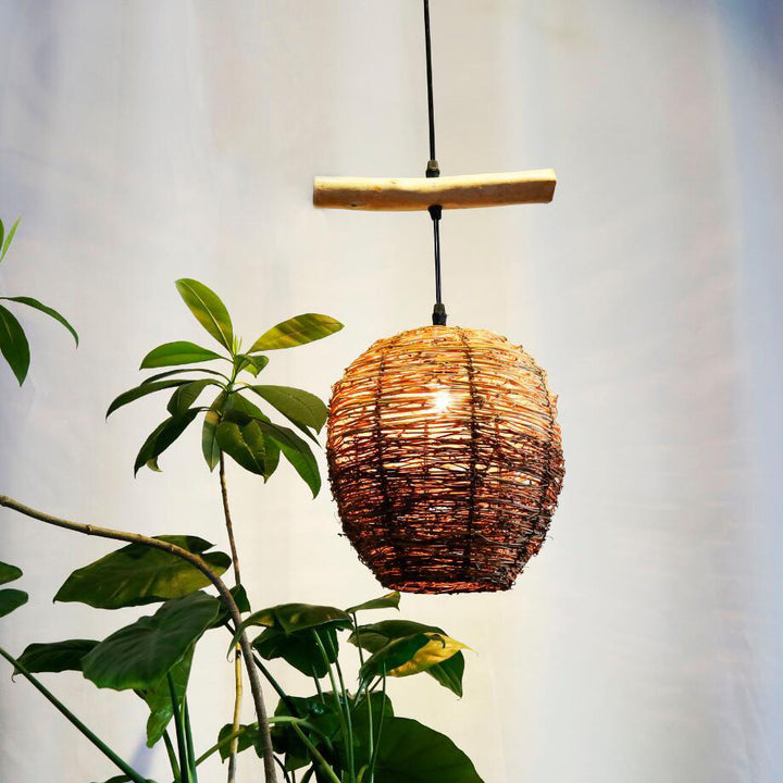 Traditional Rustic Rattan &amp; Wood Cylindrical 1-Light Pendant Light For Bedroom And Living Room