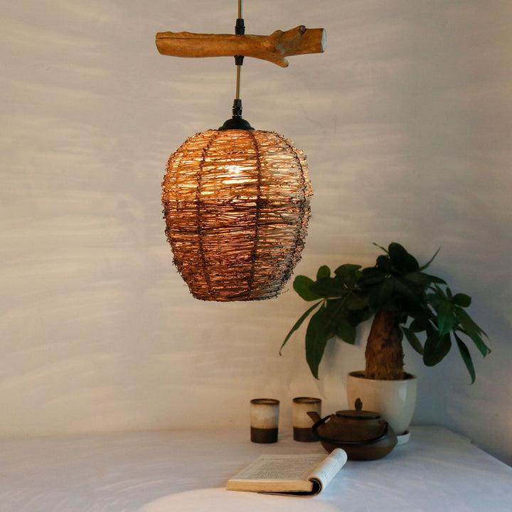 Traditional Rustic Rattan &amp; Wood Cylindrical 1-Light Pendant Light For Bedroom And Living Room
