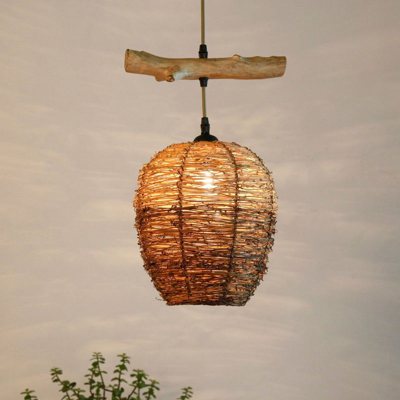 Traditional Rustic Rattan & Wood Cylindrical 1-Light Pendant Light For Bedroom And Living Room