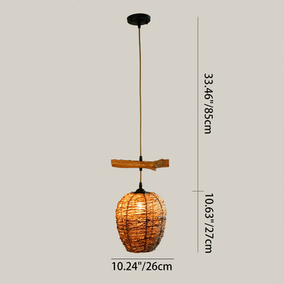 Traditional Rustic Rattan & Wood Cylindrical 1-Light Pendant Light For Bedroom And Living Room