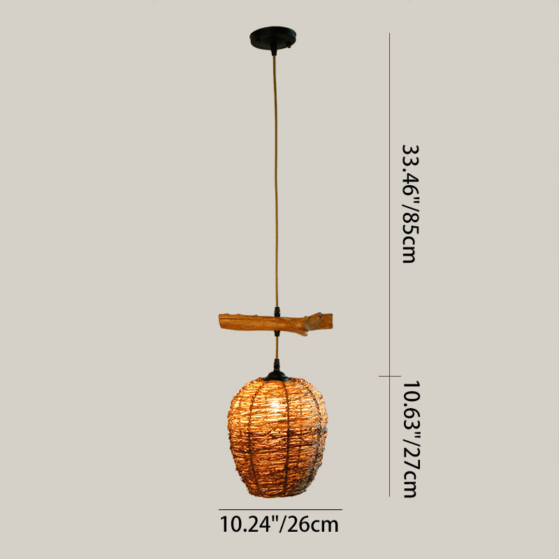 Traditional Rustic Rattan & Wood Cylindrical 1-Light Pendant Light For Bedroom And Living Room