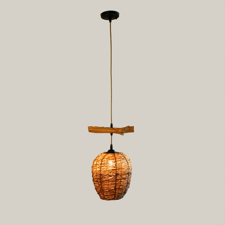 Traditional Rustic Rattan &amp; Wood Cylindrical 1-Light Pendant Light For Bedroom And Living Room