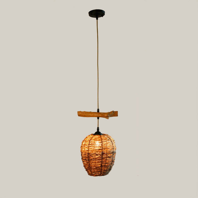 Traditional Rustic Rattan & Wood Cylindrical 1-Light Pendant Light For Bedroom And Living Room
