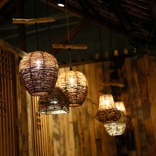 Traditional Rustic Rattan & Wood Cylindrical 1-Light Pendant Light For Bedroom And Living Room