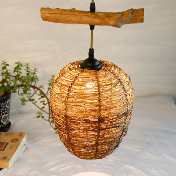 Traditional Rustic Rattan & Wood Cylindrical 1-Light Pendant Light For Bedroom And Living Room