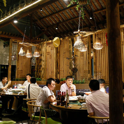 Traditional Rustic Rattan & Wood Cylindrical 1-Light Pendant Light For Bedroom And Living Room