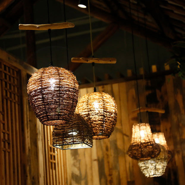 Traditional Rustic Rattan &amp; Wood Cylindrical 1-Light Pendant Light For Bedroom And Living Room
