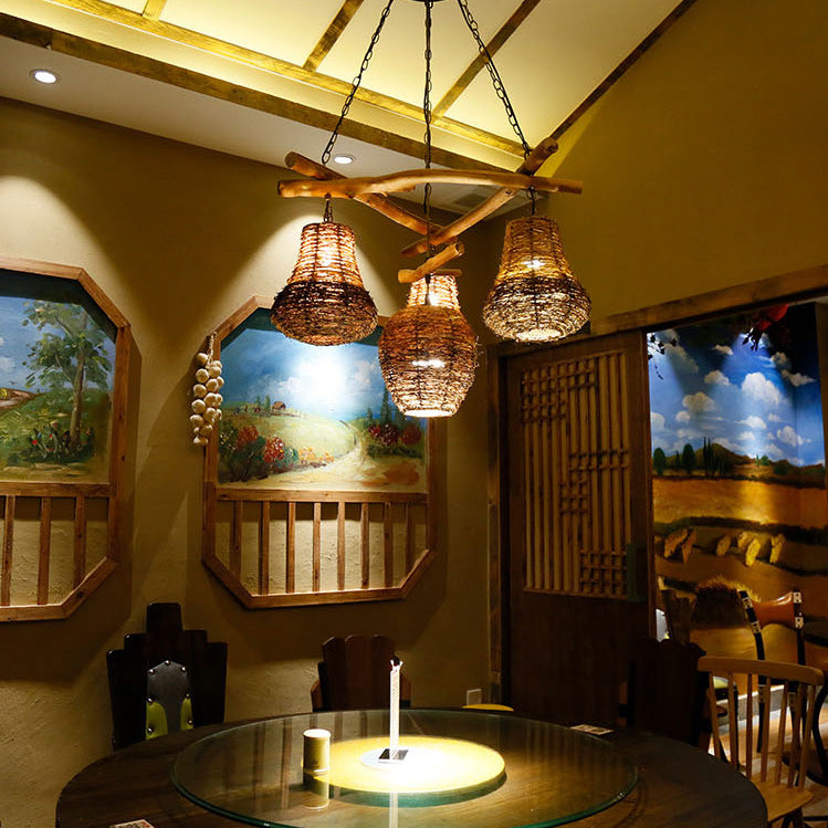 Traditional Rustic Rattan &amp; Wood Cylindrical 1-Light Pendant Light For Bedroom And Living Room