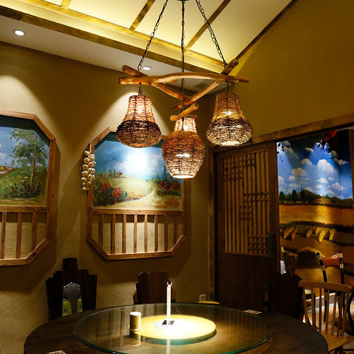 Traditional Rustic Rattan &amp; Wood Cylindrical 1-Light Pendant Light For Bedroom And Living Room
