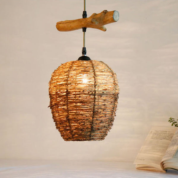 Traditional Rustic Rattan & Wood Cylindrical 1-Light Pendant Light For Bedroom And Living Room