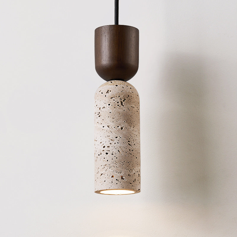 Modern Mid-Century Travertine & Solid Wood Cylindrical Funnel 1-Light Pendant Light For Bedroom And Living Room