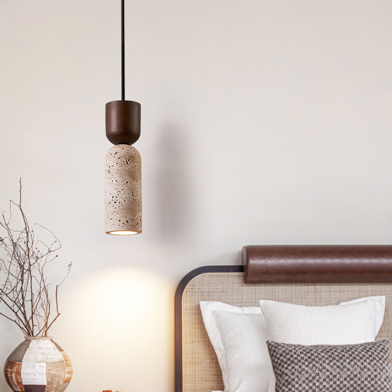 Modern Mid-Century Travertine & Solid Wood Cylindrical Funnel 1-Light Pendant Light For Bedroom And Living Room