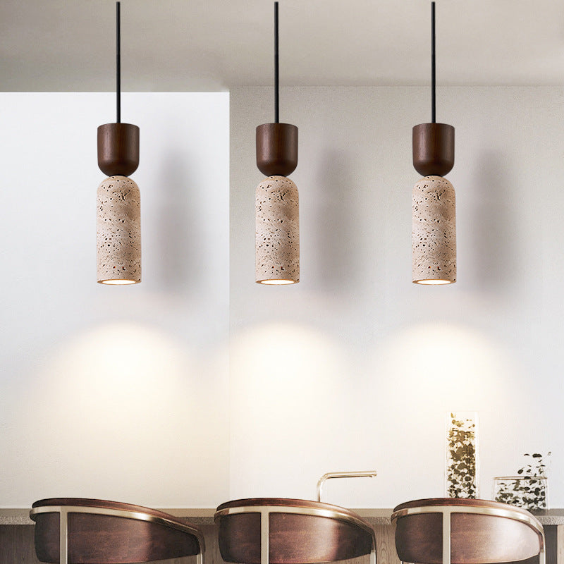 Modern Mid-Century Travertine &amp; Solid Wood Cylindrical Funnel 1-Light Pendant Light For Bedroom And Living Room
