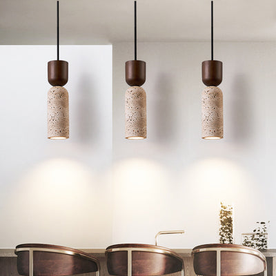 Modern Mid-Century Travertine & Solid Wood Cylindrical Funnel 1-Light Pendant Light For Bedroom And Living Room