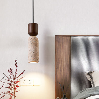 Modern Mid-Century Travertine & Solid Wood Cylindrical Funnel 1-Light Pendant Light For Bedroom And Living Room